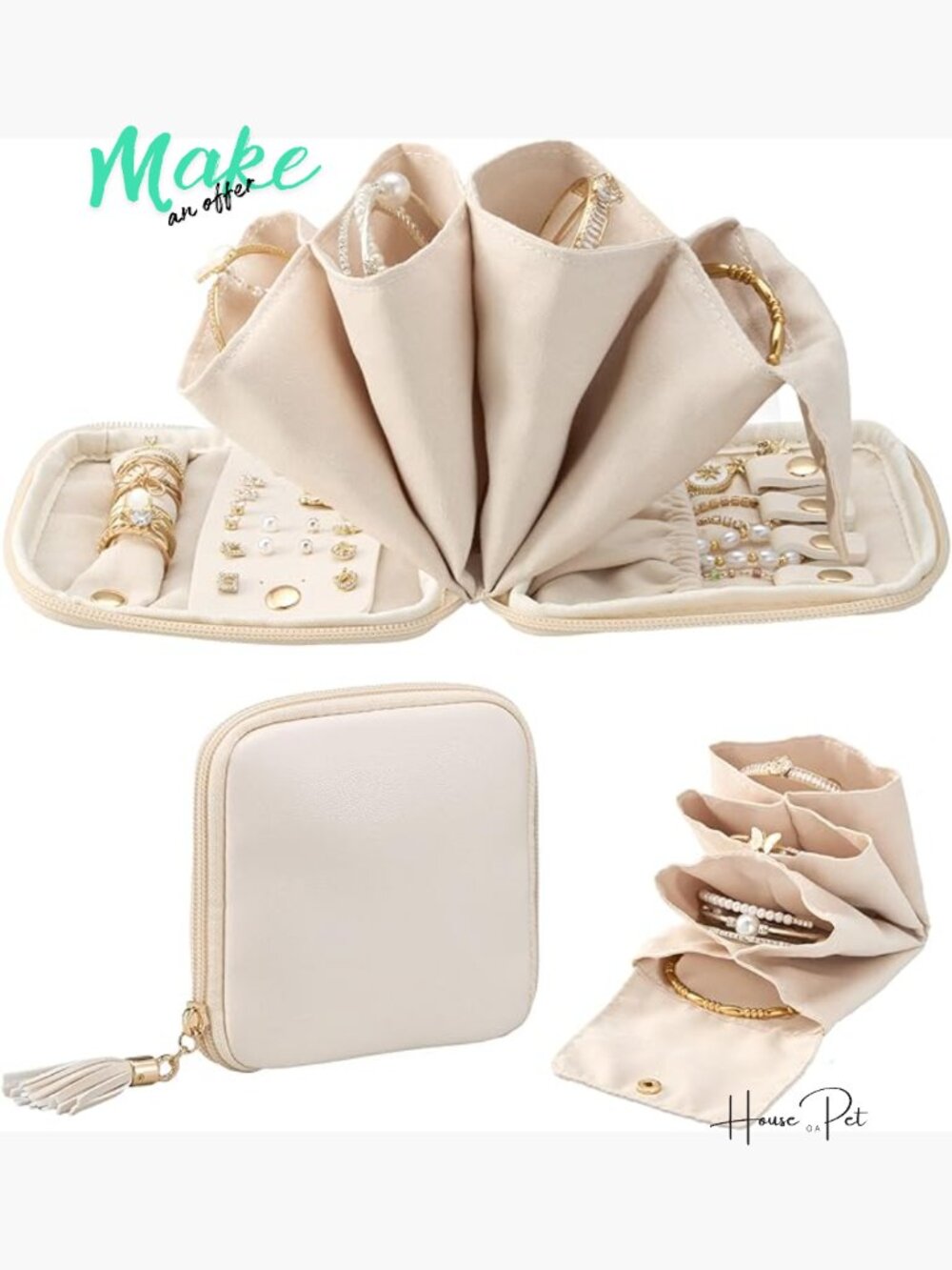 Travel Jewelry Case Organizer with Compartments, Faux Leather, Zipper Closure